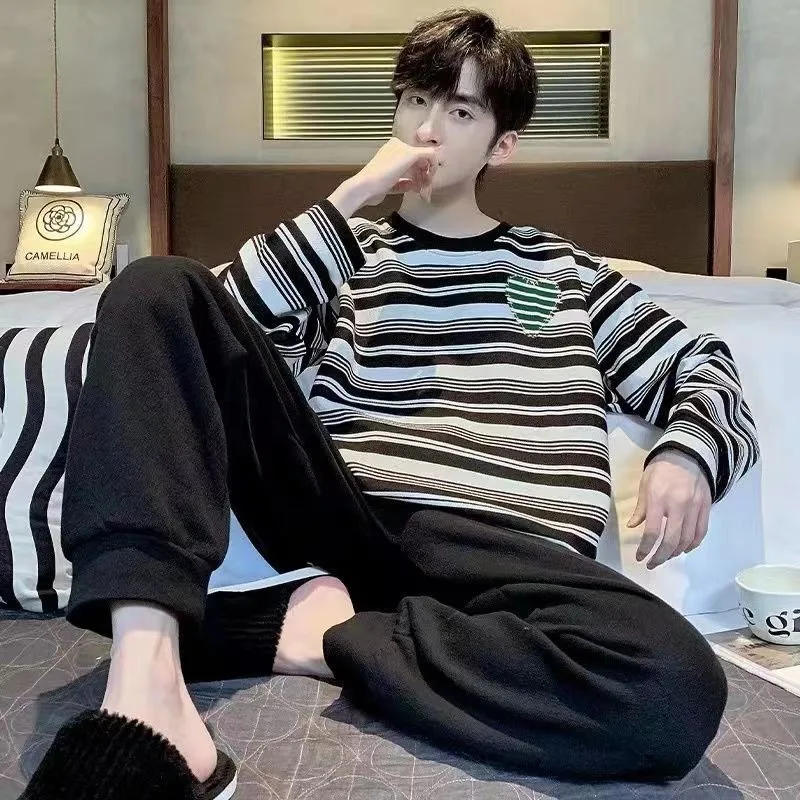 Men Pajamas Spring Autumn Cotton Long Sleeve Youth Large Size Nightclothes Male Round Collar Casual Simple Homewear Suit 2024