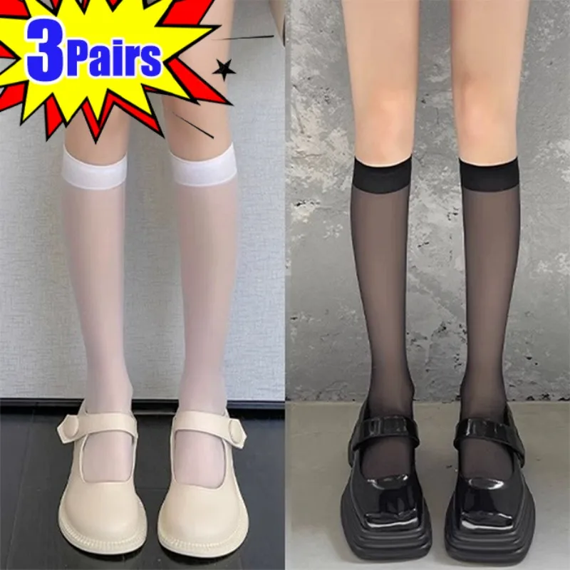 Summer JK Socks Women Girls Simple Black White Lolita Long Socks Cute Sexy Thin Transparent Knee High Socks Fashion Accessories