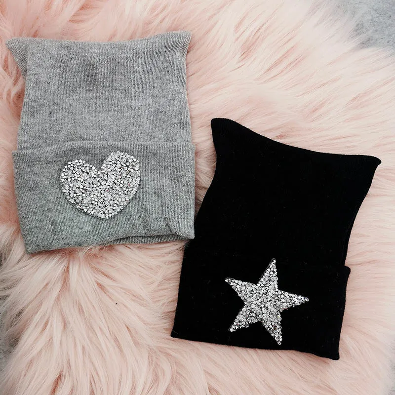 

0-3M Baby Girl boy Heart hat Soft Rhinestones Star Knitted beanies Bonnet Black Cotton designer Hat newborn photography props