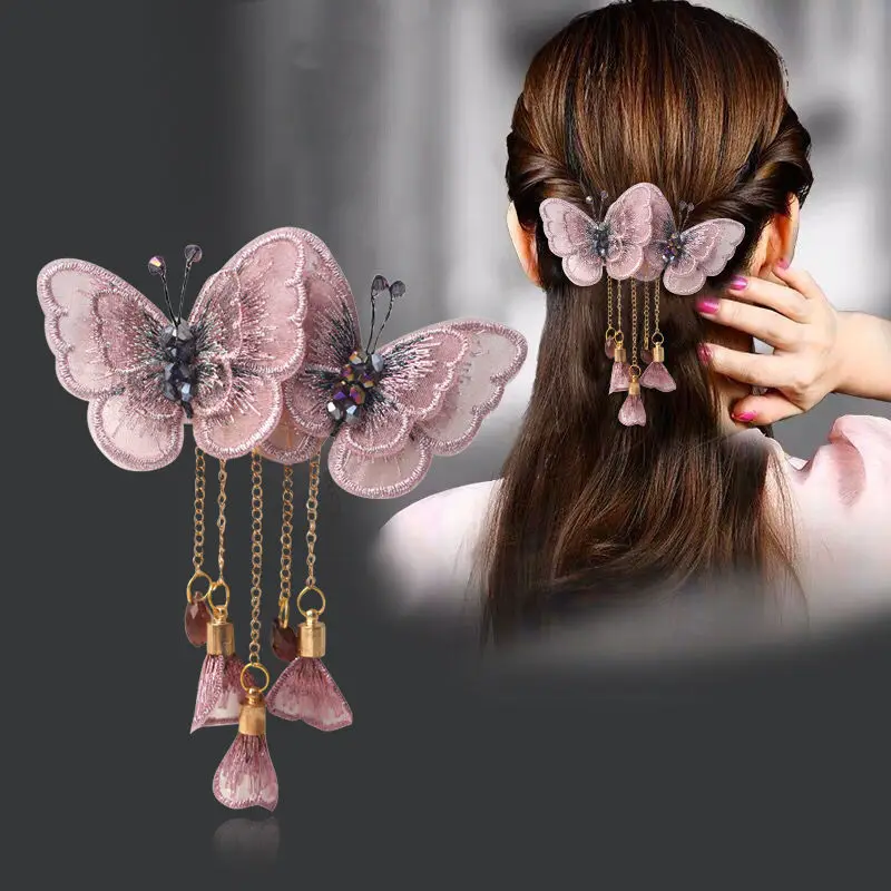 

Fashion Embroidery Butterfly Tassel Hairpin Hair Accessories for Women Retro Elegant Spring Clip Headwear Girl Jewelry Tiara