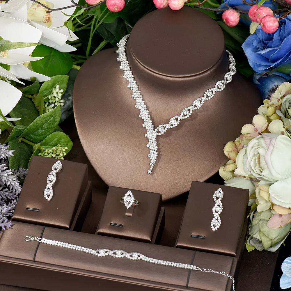 

HIBRIDE Classic Geometric Cubic Zirconia Trendy Pendant Necklace And Earring Jewelry Sets For Ladies Bridal Fashion Gifts N-398