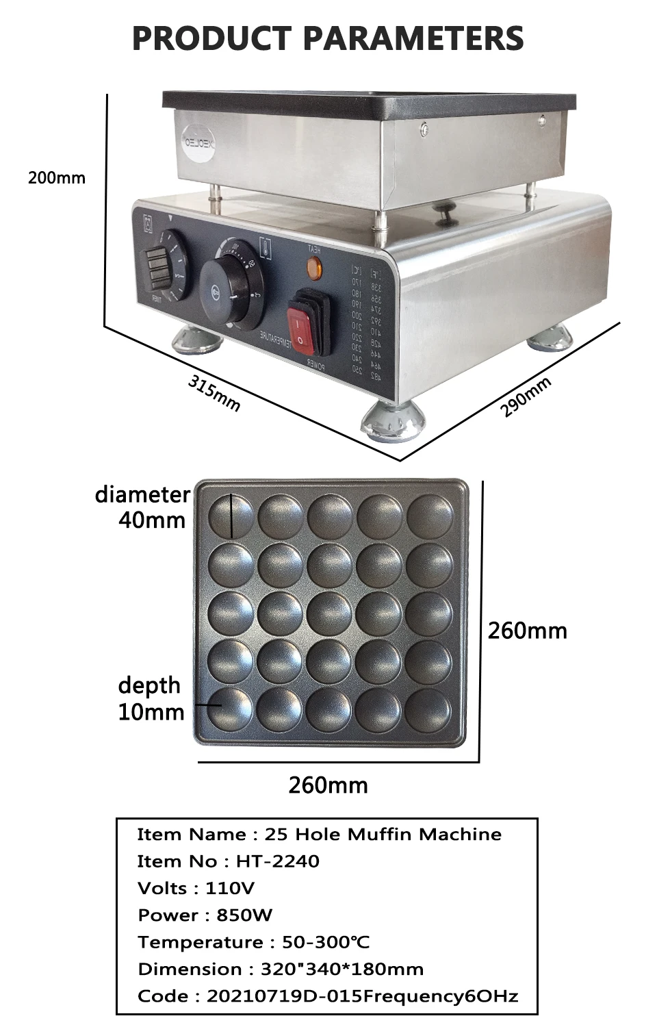 Description Picture 3 of itemXEOLEO Commercial Pancake Machine 25 Holes Dutch Poffertjes Grill Mini Pancake Maker Non-stick 900W Dorayaki Griller