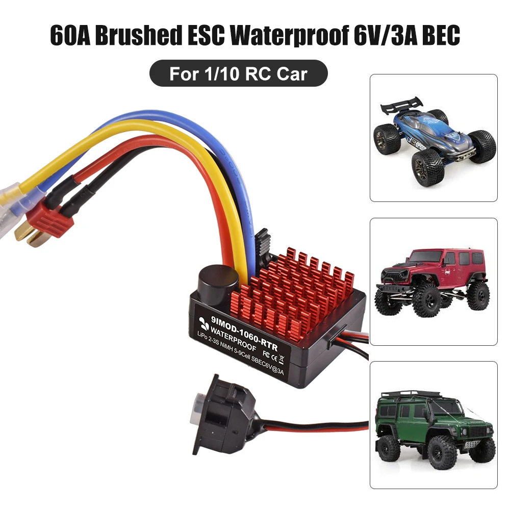 9IMOD 1060 RTR 60A ESC 브러시드 전자 속도 컨트롤러, 2-3S LiPo 방수 BEC 6V3A, 1/10 축 SCX10 TRX4 TRX6 D90 HPI용