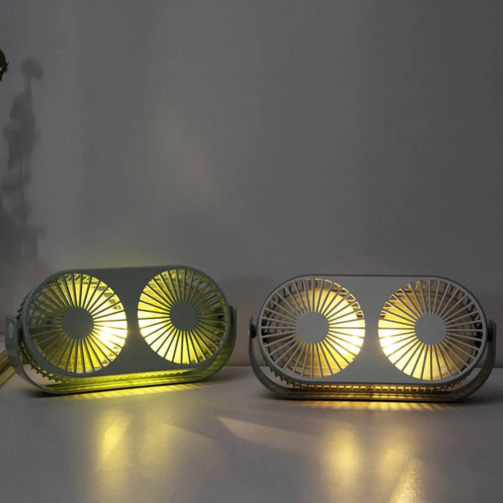 1Pcs 미니 데스크탑 더블 헤드 팬 USB 충전식 LED 야간 조명 아로마 테라피 휴대용 탁상 팬 360 회전 홈 오피스