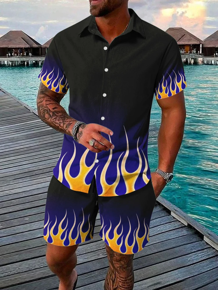 Men's Hawaiian Short Sleeve Shirt And Beach Shorts Set 3D Flame Print Beach Vacation Men Casual Shirt Summer Daily Sports Shorts 4
