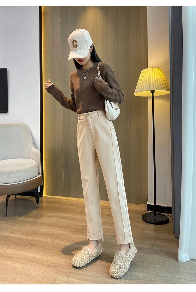 Wollhose für Damen, Harems-Bleistifthose, 2026, Herbst und Winter, hohe Taille, lässige Pantalones, beige, schwarze Damen, knöchellange Hose – Detail 12