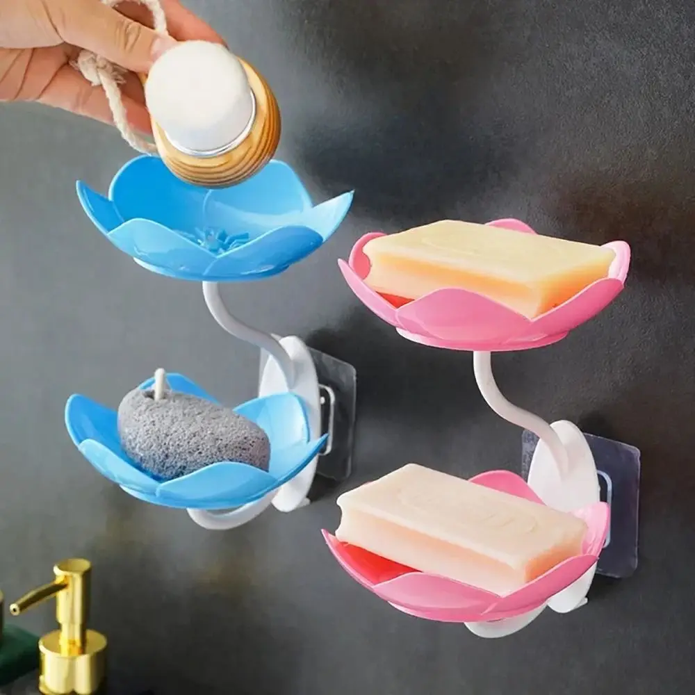 Double Layer Flowers Lotus Shape Draining Soap Dish Soap Box Plate Holder Portable Punch-free Soap Tray Bathroom Accessories 3