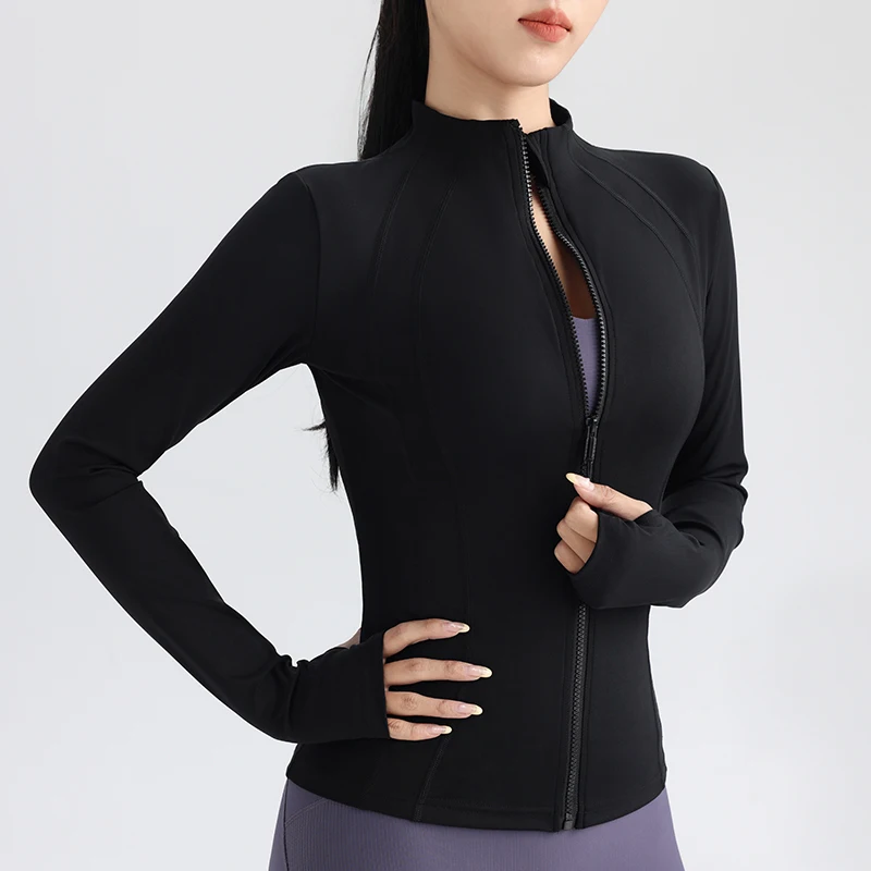 PINSPARK Hardloopjack voor dames, korte sportjas, lange mouwen, trainingsjack, yogajas, fitness, sweatjack, zakken met ritssluiting en duimgaten, zwart, M