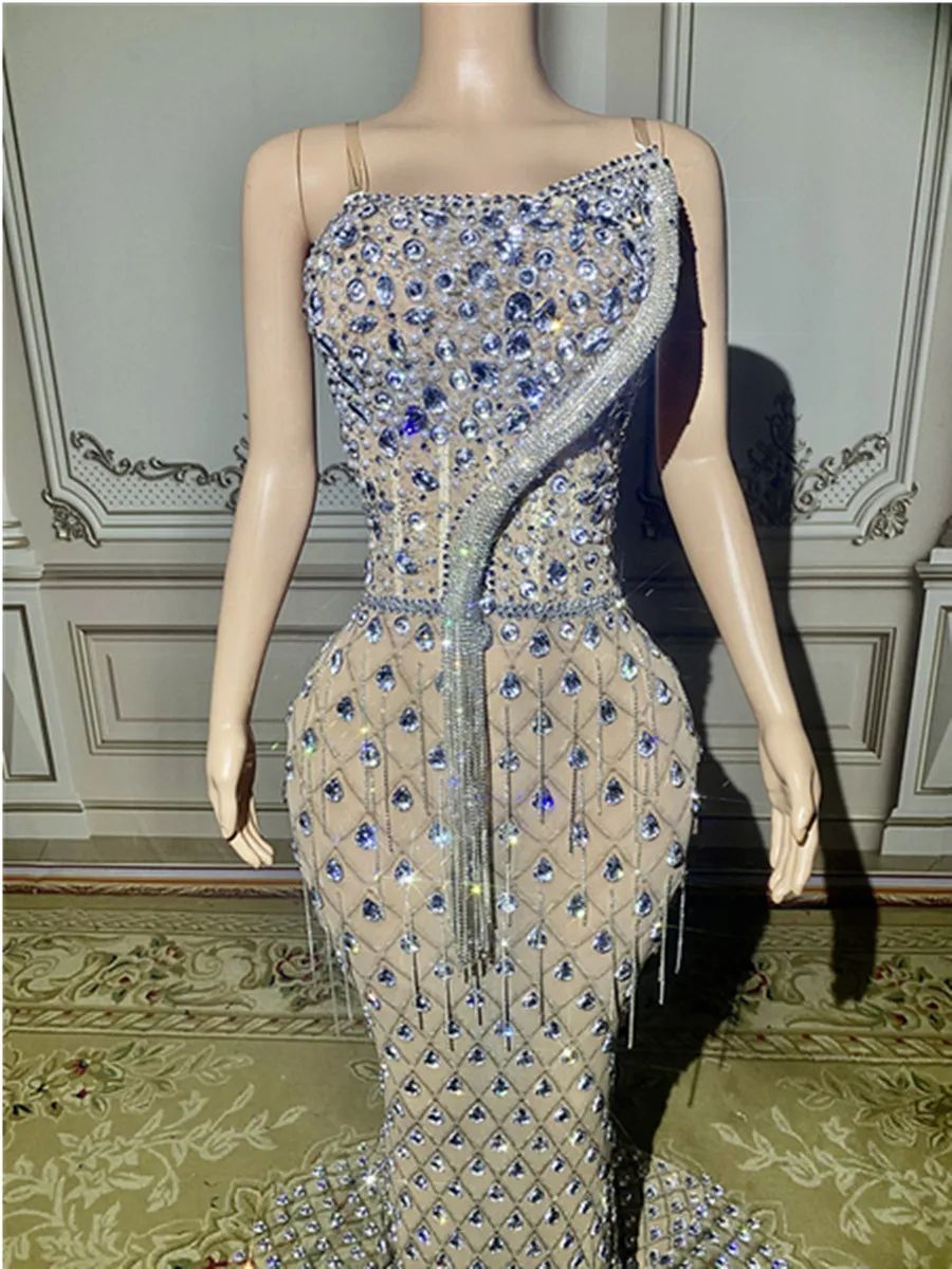 Charming Bright Crystal Dress Sexy Luxury Beaded Rhinestone Tulle Evening Dress Prom Party Dress Noble Wedding Wedding Dress 5
