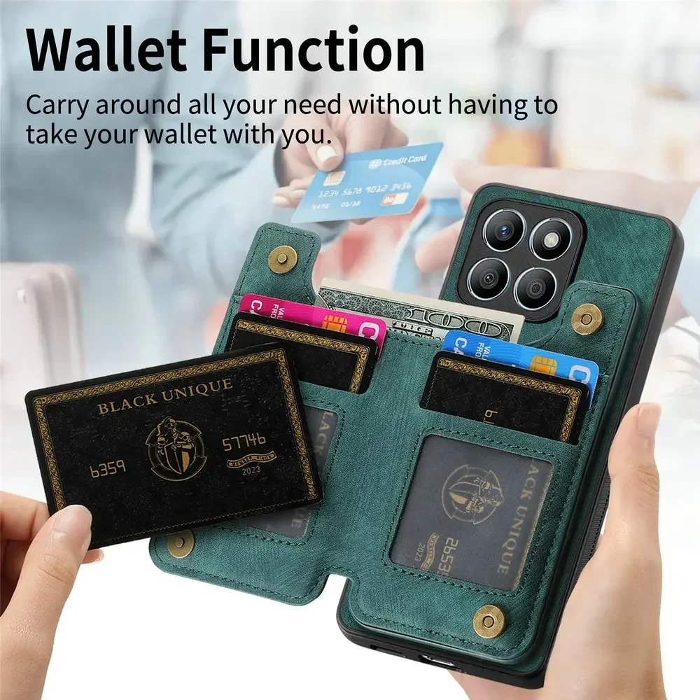 Leather Wallet Case with Zipper Card Pocket and Magnetic Armor Back Shell