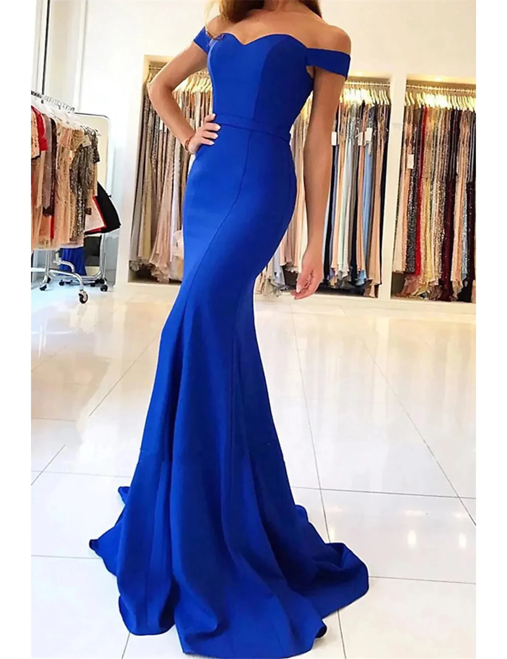 

Classic Trumpet Mermaid Prom Dress Long Sexy Formal Occasion Dresses Sweetheart Backless Sweep Train Off Shoulder Pure Color