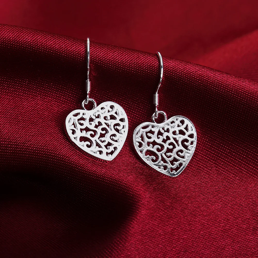 Fine fashion 925 Sterling Silver Carved elegant heart Earrings for Women new  party wedding Jewelry Christmas Gifts