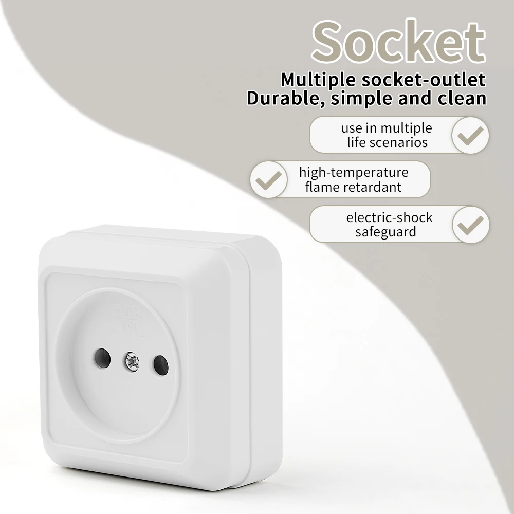 EU Standard Plugs Socket Flame Retardant Electrical Outlets Paint Plastic Not Ground Wall Mounted 250V Surface