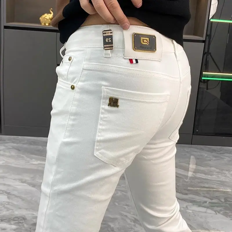 White Jeans Men's European Goods 2025 Summer New Fashion Motorcycle Boots Simple Slim Fit Elastic Versatile Small Feet Trousers 1