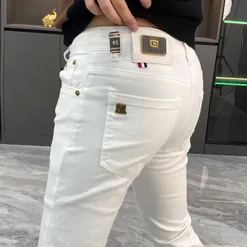 White Jeans Men's European Goods 2025 Summer New Fashion Motorcycle Boots Simple Slim Fit Elastic Versatile Small Feet Trousers 1