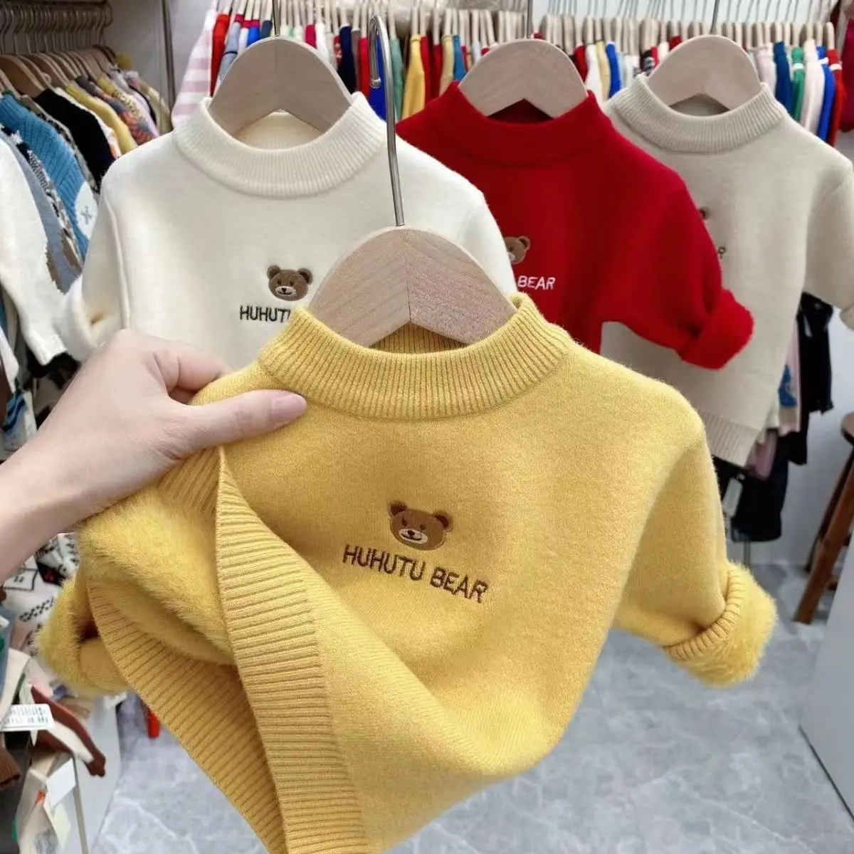 Childrens One Piece Plush Baby Sweater New Embroidered Half High Collar Autumn Winter Pullover For Boys And Girls With Bottom