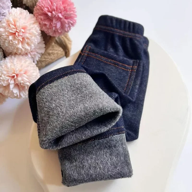 2025 Winter Children's Jeans Boys and Girls' Solid color Thin velvet Elastic Belt Jeans Infant Elastic Denim Pants1-6Y