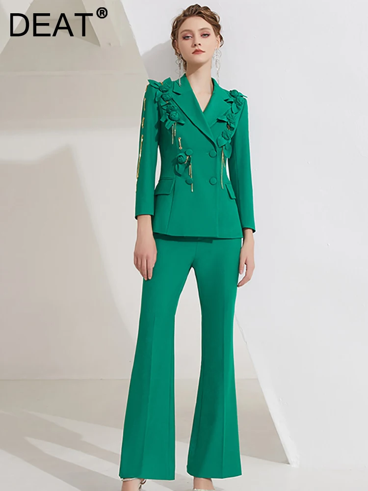 

DEAT Womne's 2 Pcs Set Notched Collar Spliced Green Leaf Single Breasted Blazer High Waist Pants Suit Autumn 2023 New 13DB3138