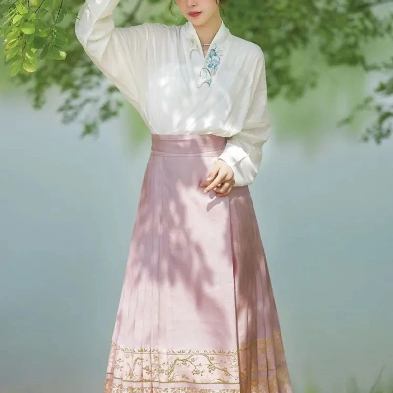 Spring Autumn New Chinese Style Sets White Embroidered Long Sleeve Lacing Cardigan and Vintage Printing Pleated A-line Skirt