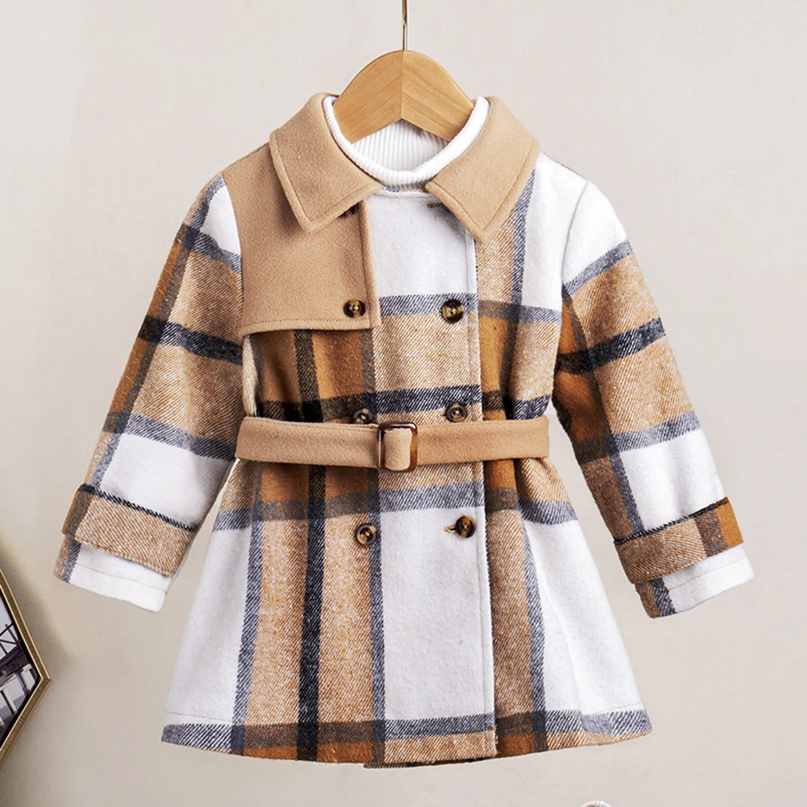 Autumn Winter Kids Girls Wools Jacket Long Sleeve Turn-down Collar Button Waist Belt Fashion Closure Plaid Patchwork Coats