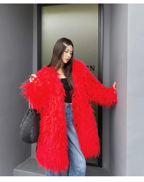 New 2023 Autumn and Winter High-End Red Fur Coat Fashion Imitated Mongolia  Sheep Fur V-neck Loose Temperament Long Fur Jacket - AliExpress