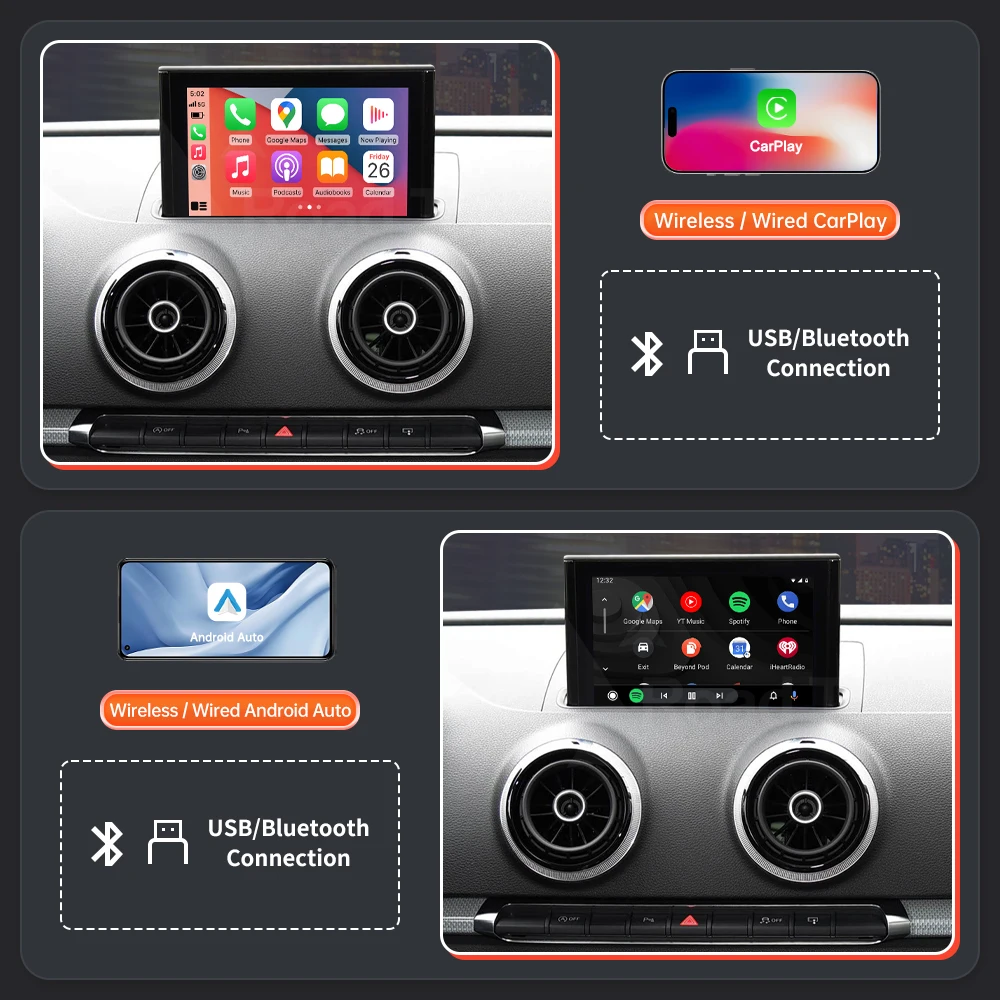 Road Top-decodificador inalámbrico para coche, dispositivo con Android, CarPlay, AirPlay, Mirror Link, cámara trasera, funciones BT, para Audi A3 2013-2018 3