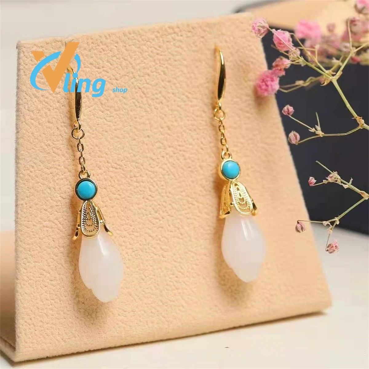 Wholesale Inlaid Gold Wire Jade Orchid Set Of Rings Necklace Earrings Charm RetroThree Piece Set Of Antique JewelryFashion Gift