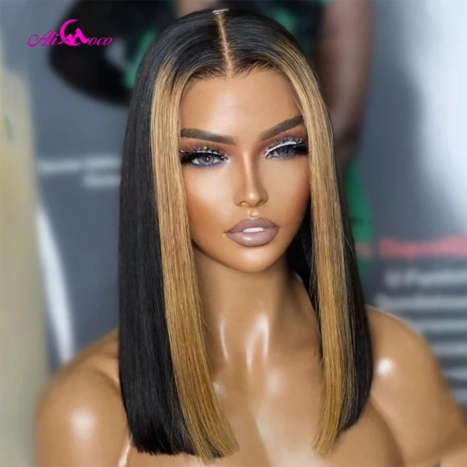 

Black With 27 Brown Transparent 13X4 Lace Frontal Bob Wigs Straight Lace Front Bob Wig Human Hair Pre Plucked With Baby Hair