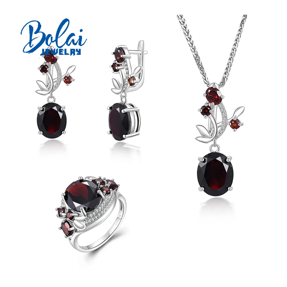

New & Eye Catching Natural Garnet Gemstone Ring Earrings Pendant Necklace set women Elegant jewelry Engagement anniversary gift