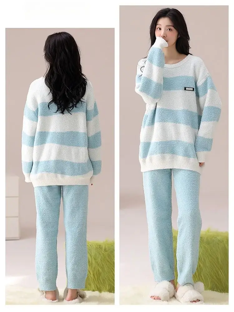 Couple Men Women Autumn Winter Pajamas Velvet Thickened Coral Velvet Fresh Stripes Can Be Worn Out Household Clothing