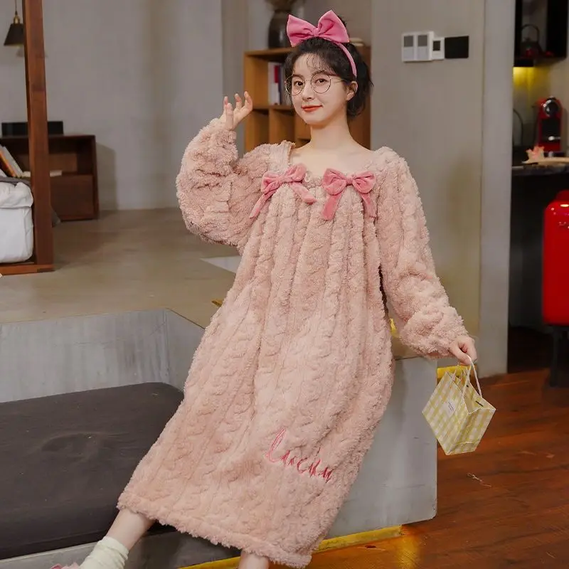 Winter Women Nightgown Solid Sleepwear Long Sleeve Nightwear Square Collar Night Dress New in Fleece One Piece Warm Pajamas