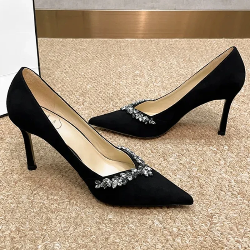 

Crystals Black Velvet Women Single Shoes Rhinestone Ladies Pumps Slip-On Tacones Para Mujer Pointed Toe Sapatos Feminino