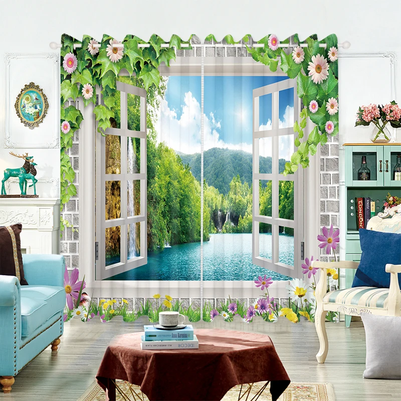 

2pcs 3D Balcony Beach Landscape Curtain Window Treatment For Bedroom Living Room Kitchen Study Room Home Decor Grommet Top