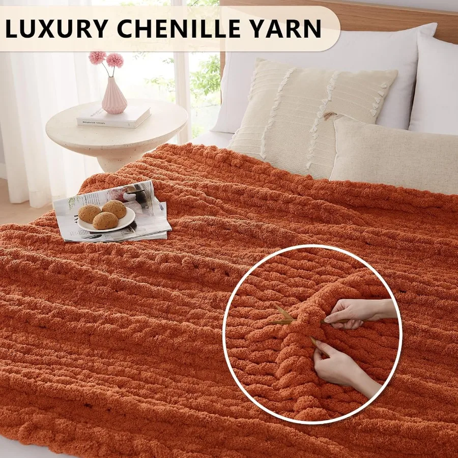 Chunky Knit Blanket Throw: 60''x80'' Chenille Chunky Knitted Throw Blanket for Bed Couch Handmade Thick Big Cable Knit Blanket