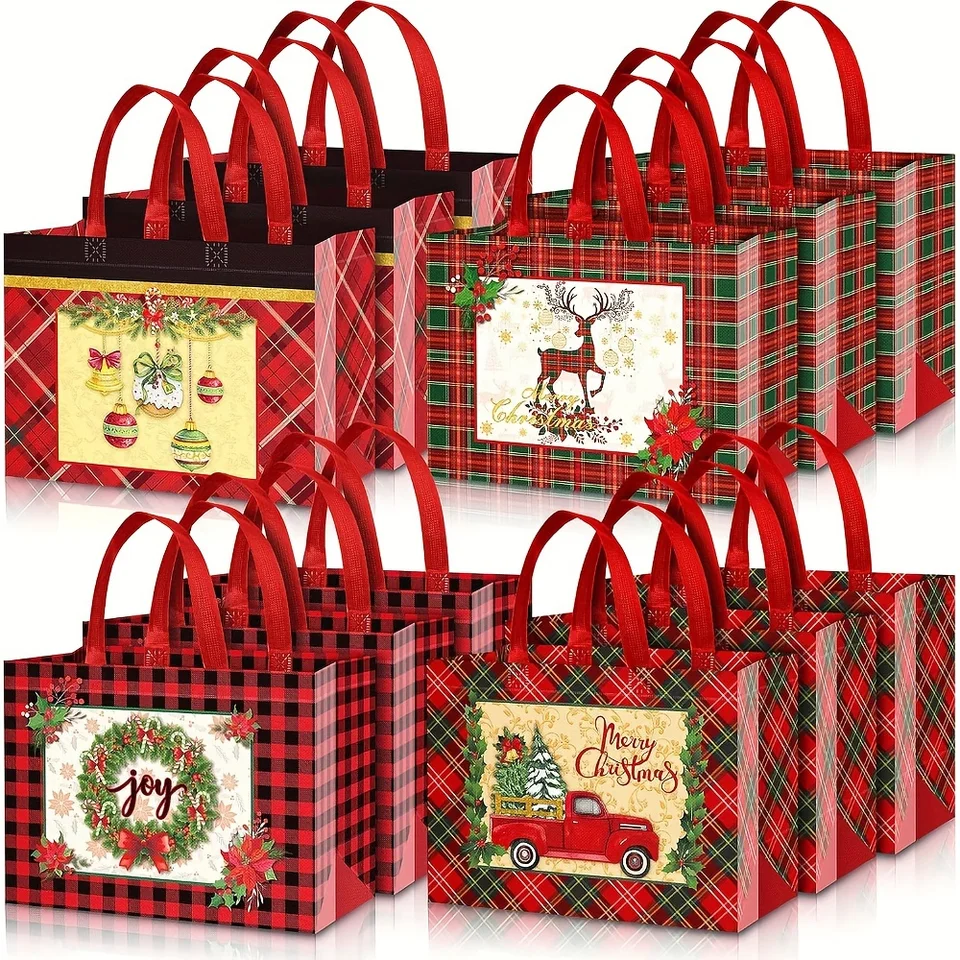 Christmas Plaid Large Tote Bag Set Reusable