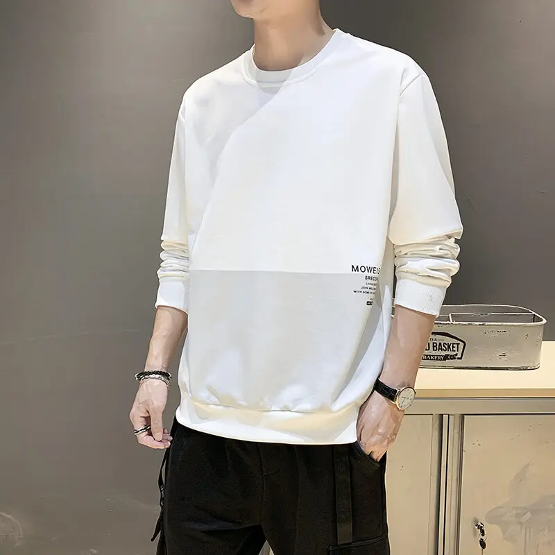 Men's Spring Autumn Round Neck Solid Pullover Letter Printed Long Sleeve T-shirt Hoodies Casual Loose England Style Formal Tops