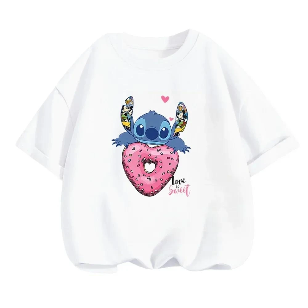 Camiseta de verano con estampado 3D de Lilo & Stitch de Disney para niña bonita, camiseta de manga corta con cuello redondo, ropa informal de moda para niña, mono de camión
