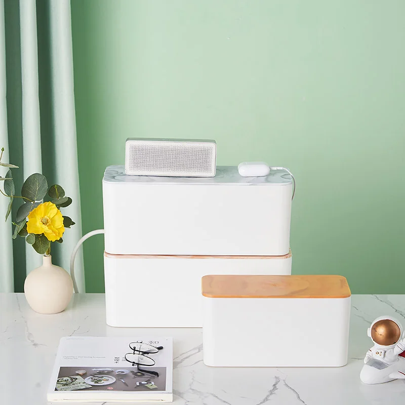Wire Storage Box Power Plug Board Wire Boxes Socket Data Cable Junction Box Plastic Storage Box with Bamboo 4