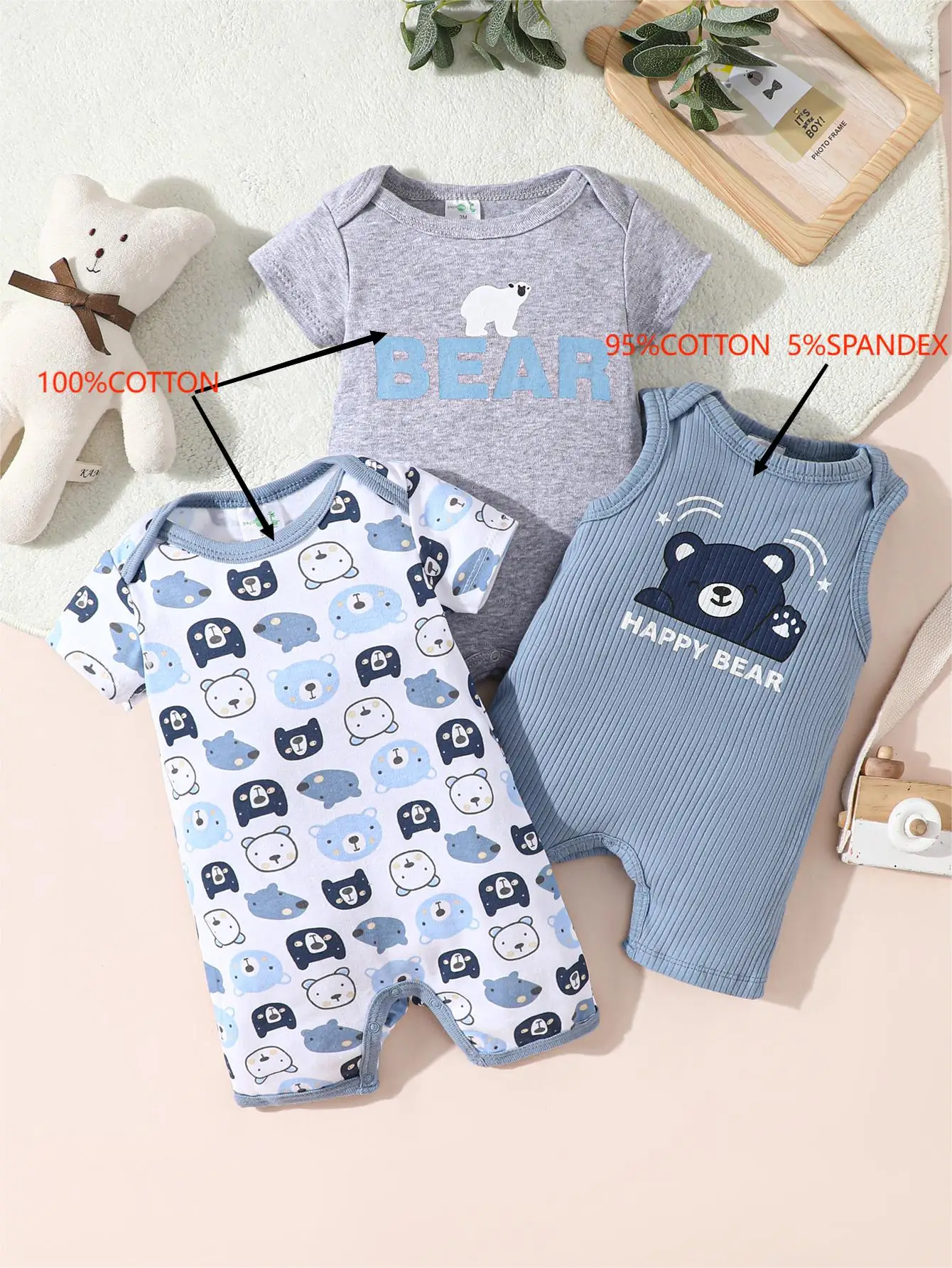 3PCS Bear Print Baby Jumpsuits 1
