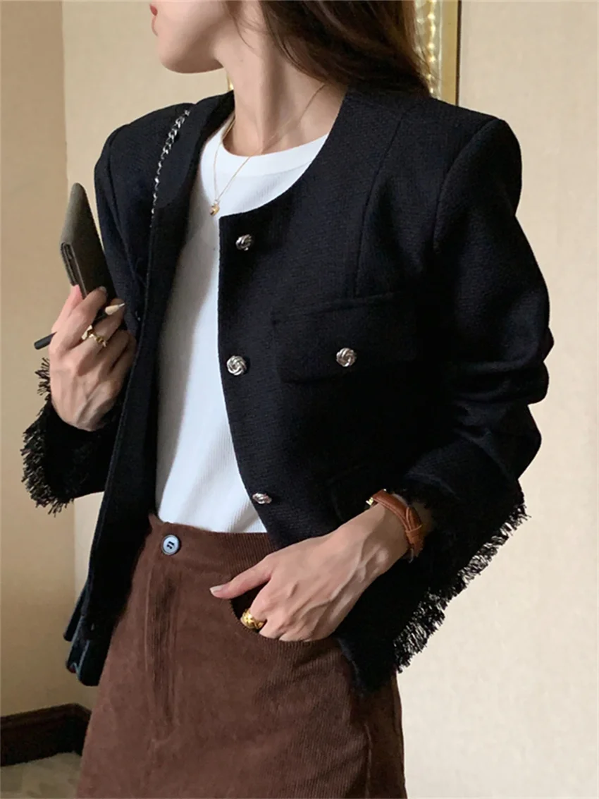 Arazooyi Retro Tassel Coats Multiple Pockets Women Spring Elegant Chic 2023 Work Wear Blazers Office Lady Slim New Arrival simple office lady all match outwear pockets retro elegant formal colleges femme pure color blazers women