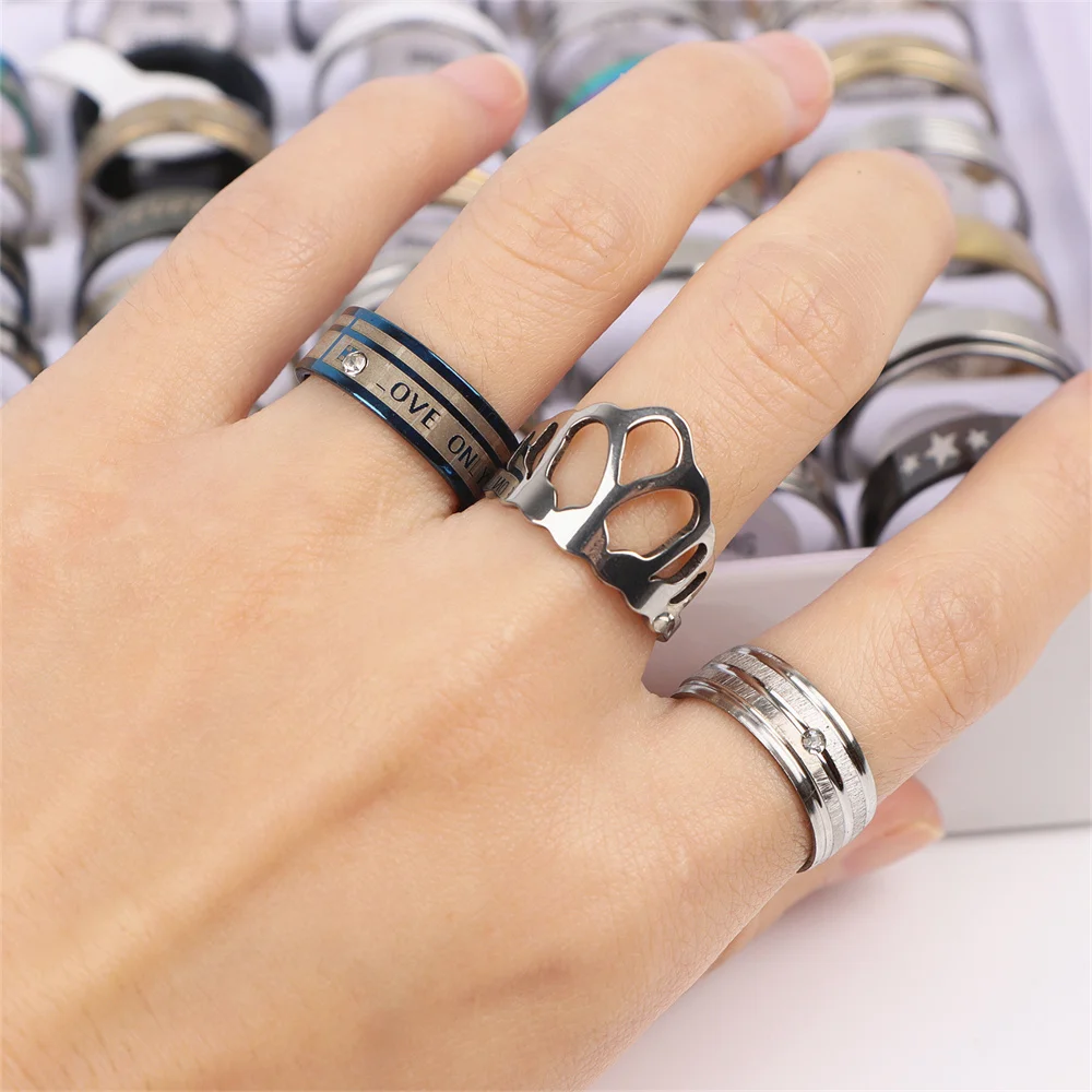 10/20Pcs/Lot Fashion Multi Style Zircon Spinner Punk Stainless Steel Rings For Men Women Wedding Anniversary Party Jewelry Gift 6