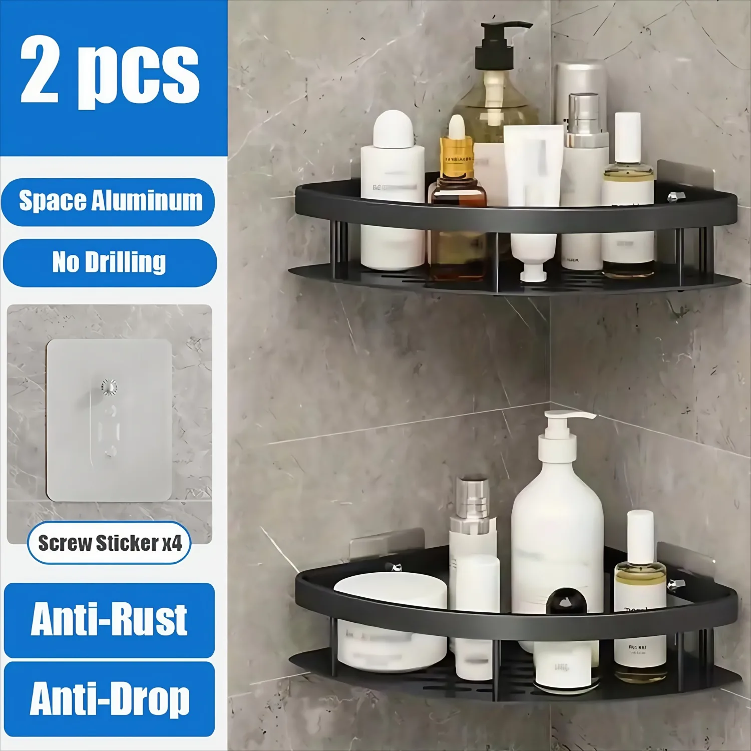 2Pcs Aluminum Corner Shower Storage Shelves No-drill Wall-mounted Bathroom Storage Box Triangular Suitable for Shower Rack