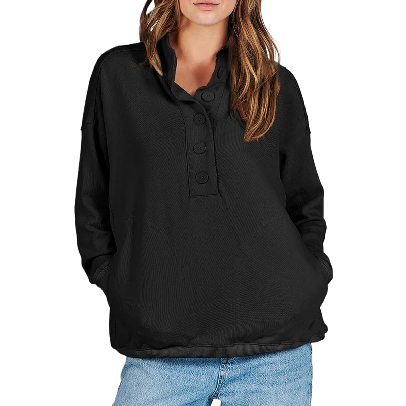 

Women's Casual Buttoned Half Cardigan Sweatshirt With Pockets Oversized Loose Solid Color Pullover
