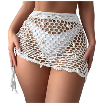 Women's Beige Crochet Mesh Mini Skirt Beach Cover Up with Shell Decor Sheer Swimwear Skirt Summer Resort Wear roupas feminina 1