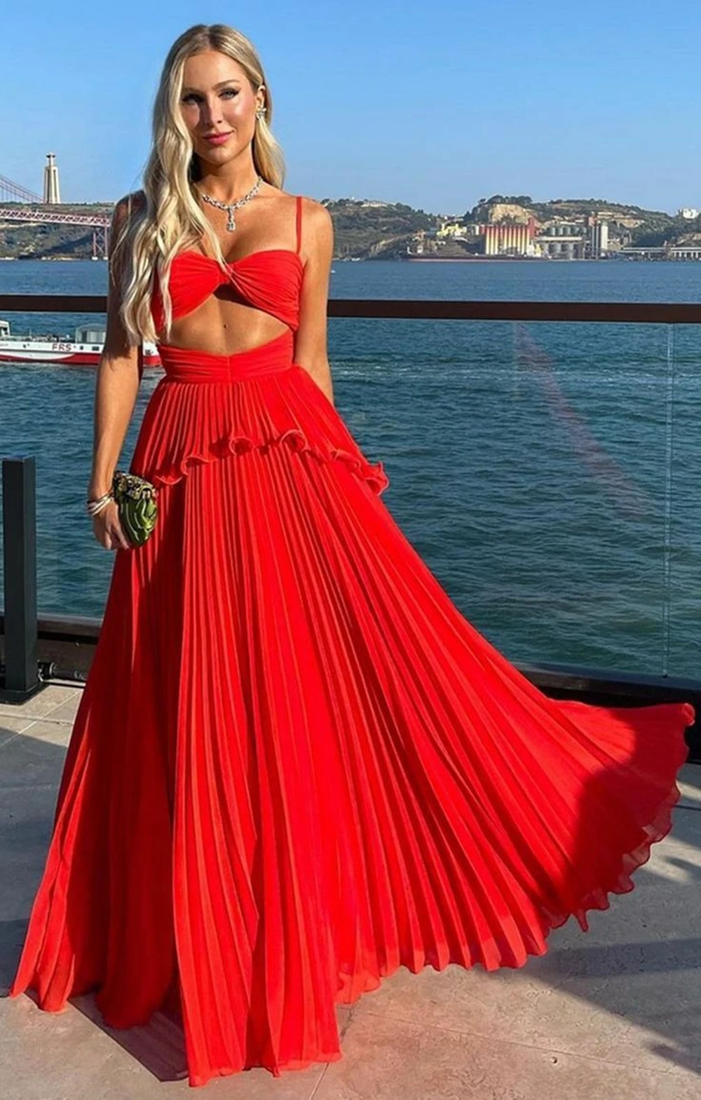 

POMUSE Sexy Long Chiffon Sweetheart Pleated Evening Desses A-Line Spaghetti Straps Red Floor Length Zipper Back Prom Dresses for