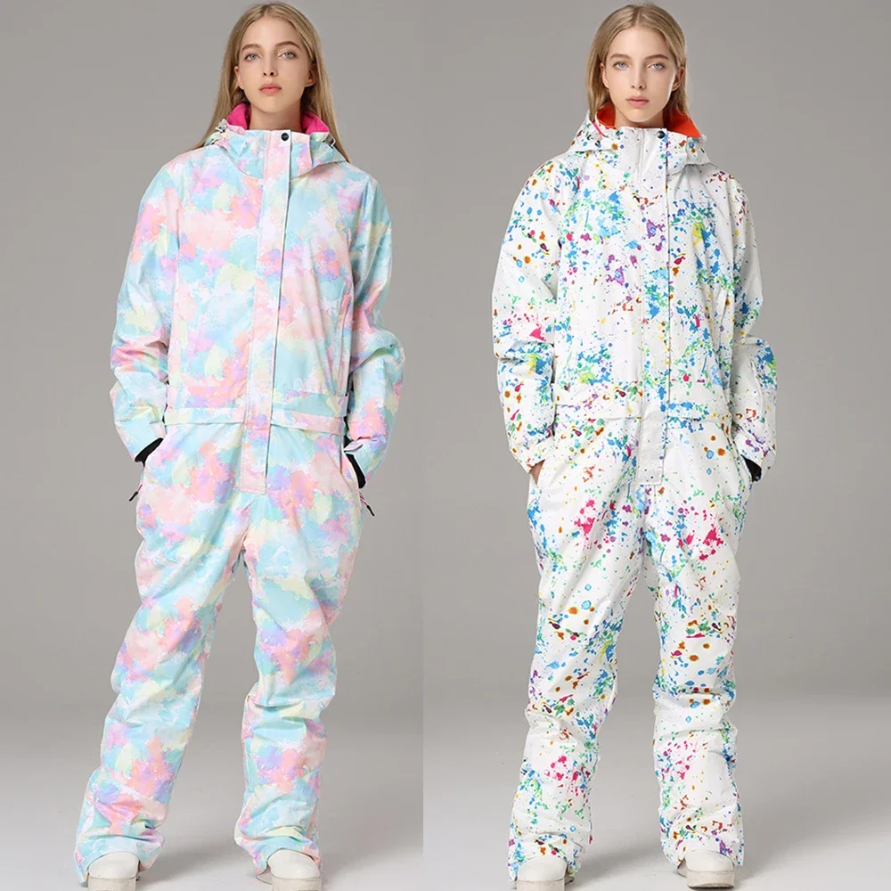 New One-Piece Ski Suit Women Thickened Warm Outdoor Sports Snowboarding Jacket Jumpsuit Wind Proof Waterproof Snow Pants Ski Set