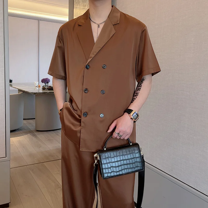 Summer Sets Men Fashion Double Breasted Short Sleeve Shirt/Trousers Two Piece Set Men Korean Loose Ice Silk Sets Mens Formal Set 2