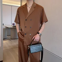 Summer Sets Men Fashion Double Breasted Short Sleeve Shirt/Trousers Two Piece Set Men Korean Loose Ice Silk Sets Mens Formal Set 2