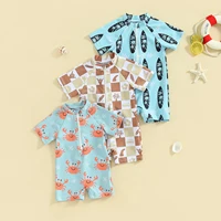 Toddler Baby Boy Swimsuit Rash Guard Beachwear Cute Tree Print Short Sleeve Zipper Romper Bathing Suit Swimwear for Boys 5