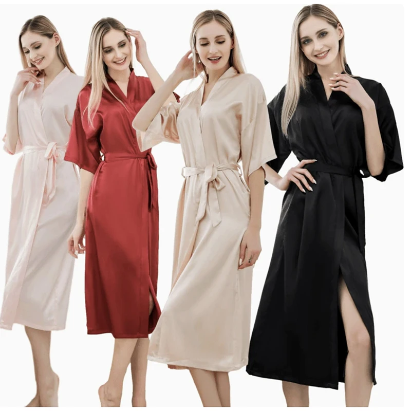 Women's Satin Robe Belted Elegant Solid Color Silky Comfort Bathrobe Loungewear 1